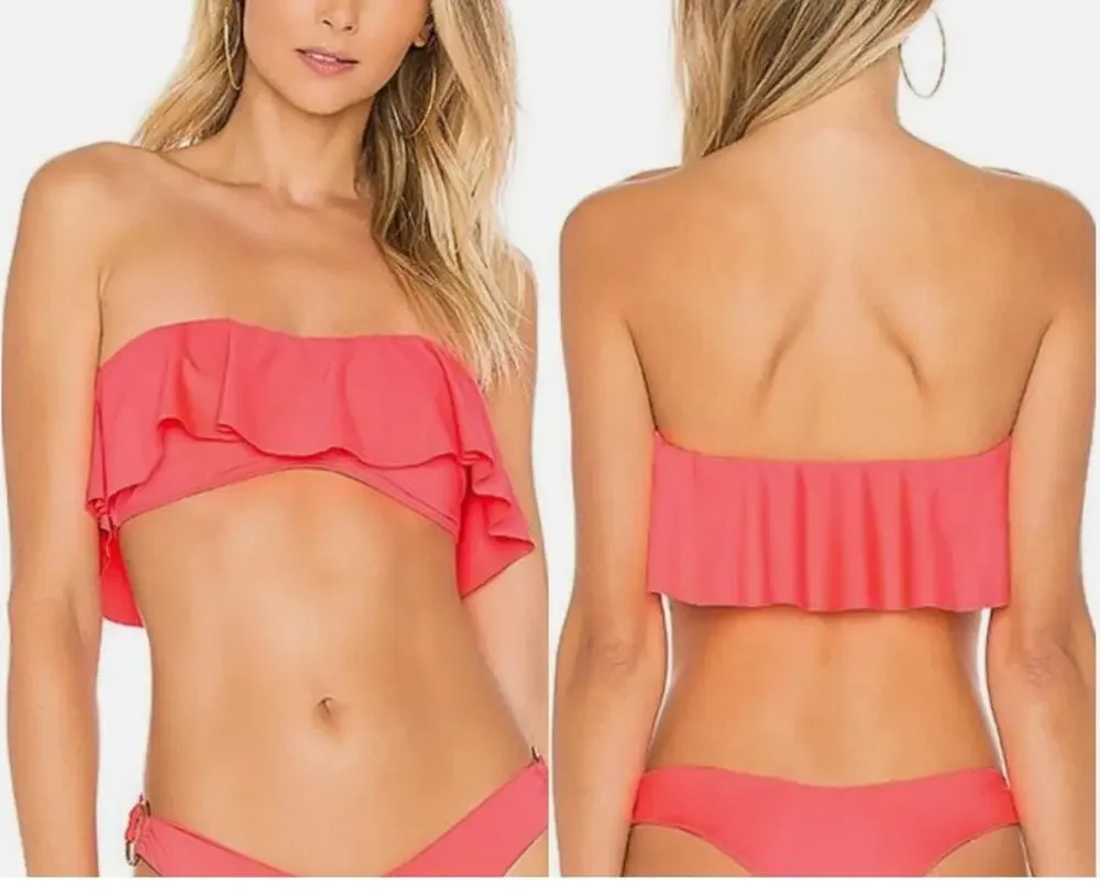 L*SPACE Lynn Bikini Top, Large Coral Pink Strapless Bandeau Style Ruffle Flounce